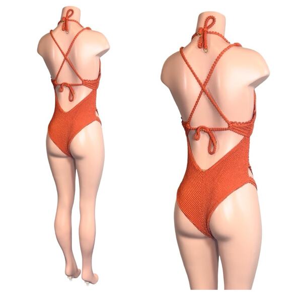 Despi Textured Burnt Orange Halter Underwire One Piece SZ L $198 - Picture 9 of 14